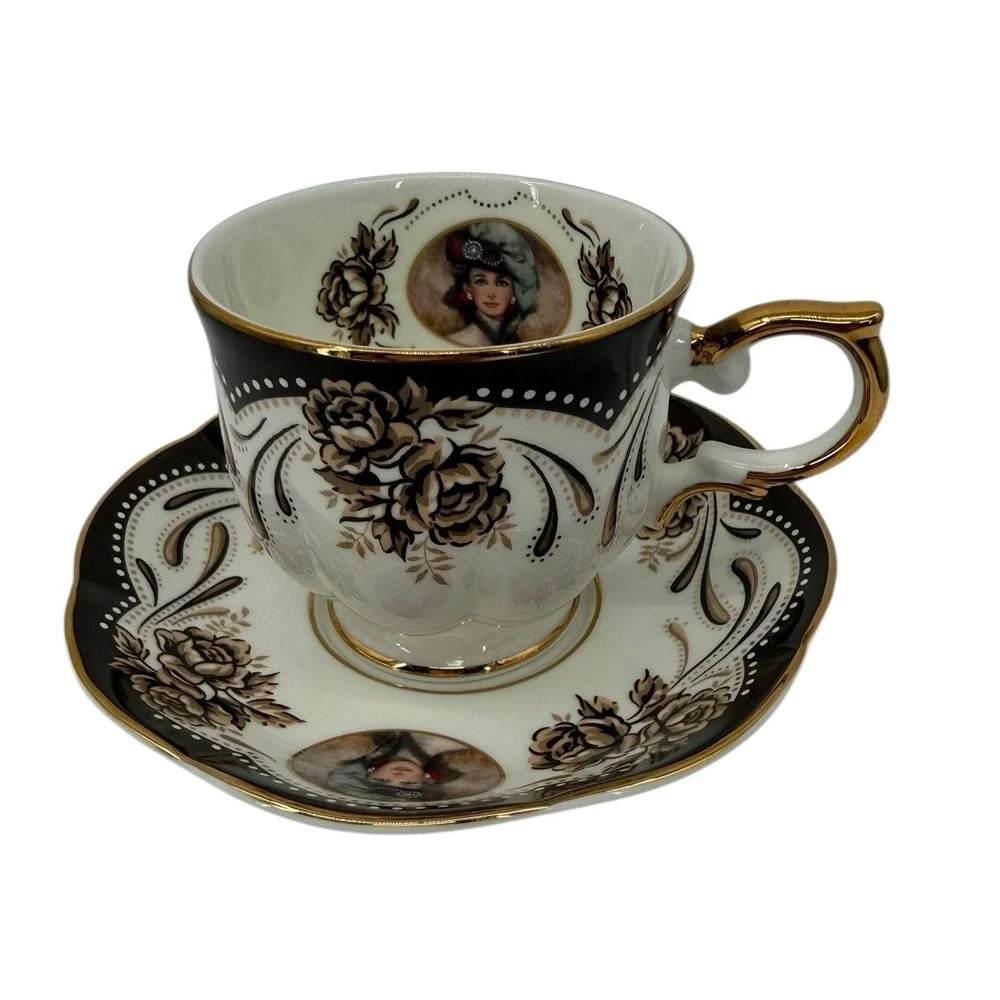 Avon Honor‎ Society 1999 Teacup Saucer Black Gold Floral Victorian Lady Set
